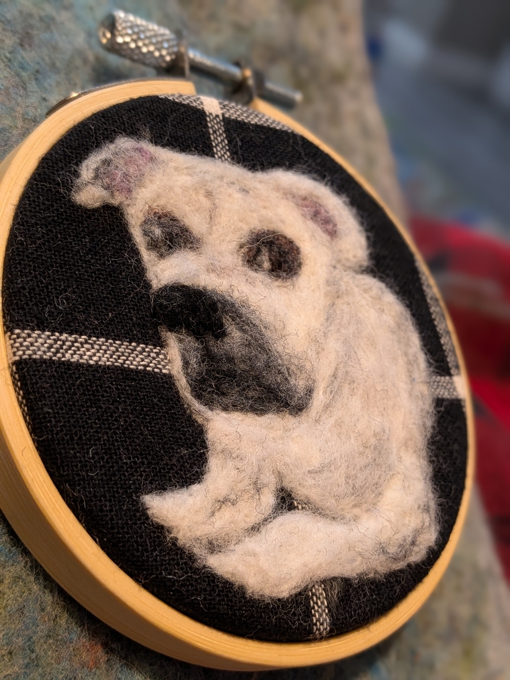 Hand-Felted Pet Portrait Hoop on Black Fabric